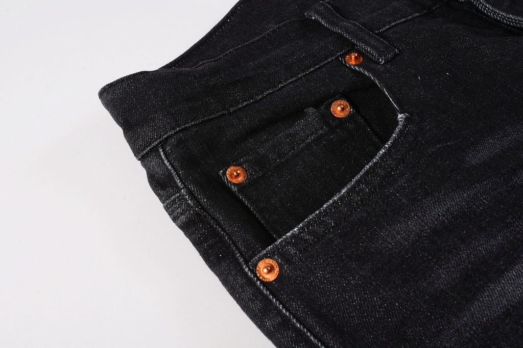 Men Streetwear Skinny Jeans Black Wash with Knee Rips and White Paint Specks 9035