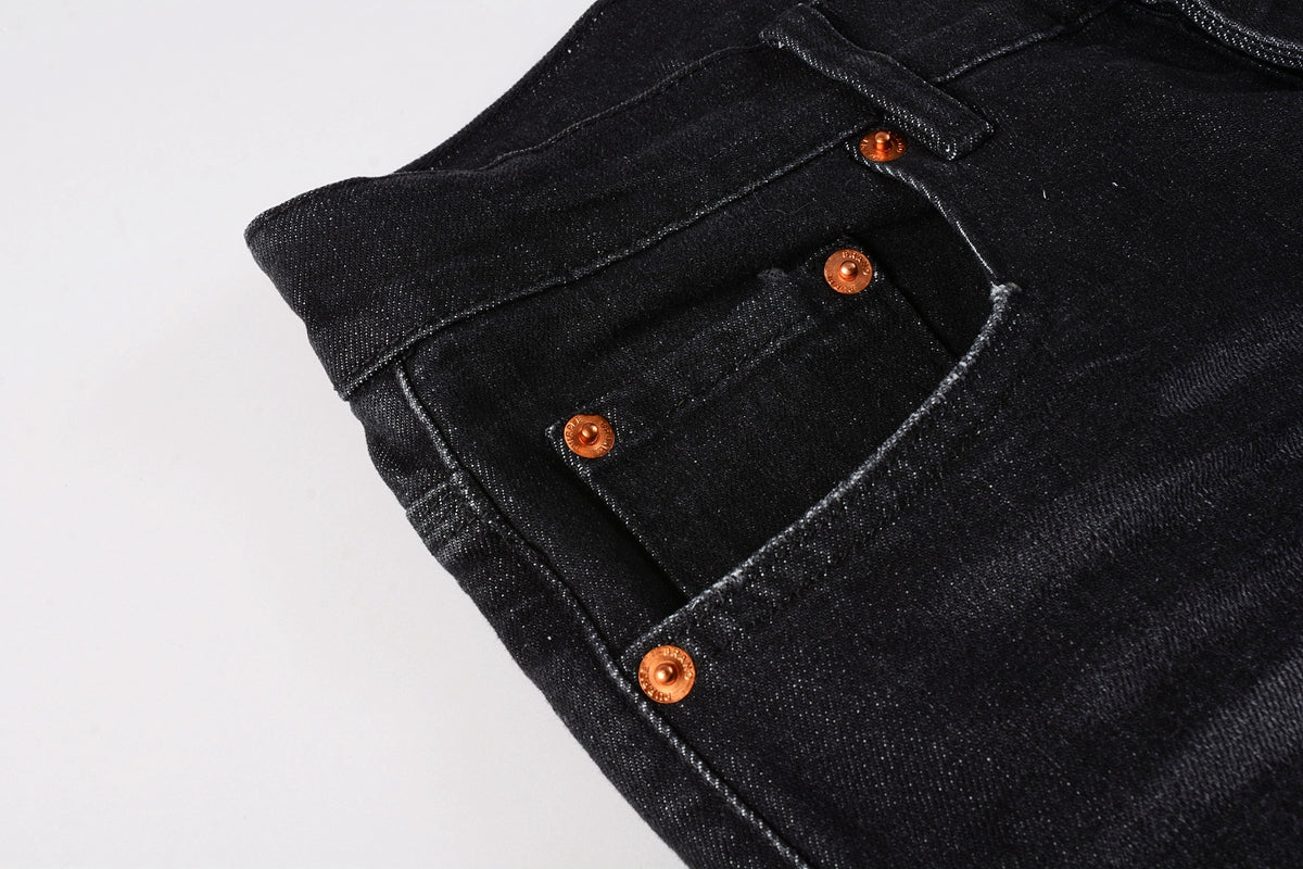 Men Streetwear Skinny Jeans Black Wash with Knee Rips and White Paint Specks 9035