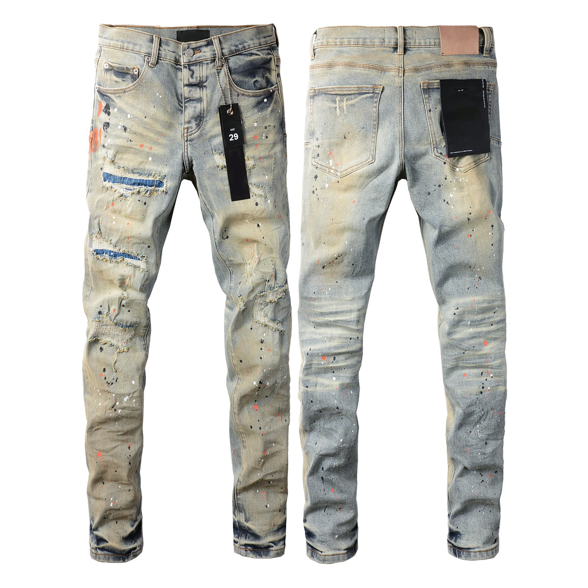 Men Streetwear Skinny Jeans Light Gray Wash with Multi-Color Paint Splatter and Distressed Patches 9071