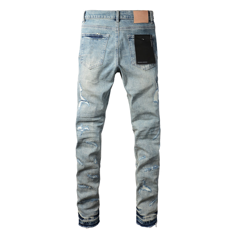 Men Streetwear Skinny Jeans Light Blue Wash with Multi-Color Paint Splatter and Distressed Rips 9072