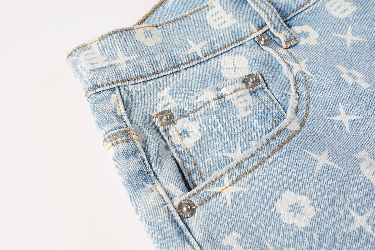 Men Streetwear Denim Shorts Light Blue Wash with White Geometric Print and Raw Hem 5089