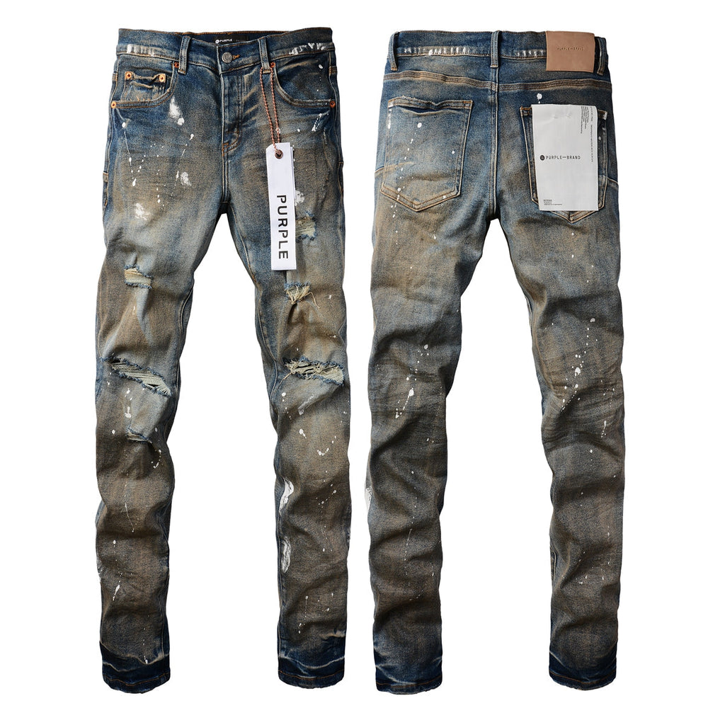 Men Streetwear Skinny Jeans Light Blue Wash with Distressed Rips and White Paint Splatter 9012