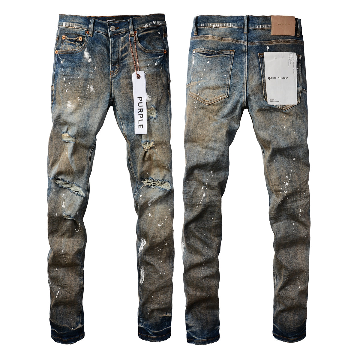 Men Streetwear Skinny Jeans Light Blue Wash with Distressed Rips and White Paint Splatter 9012