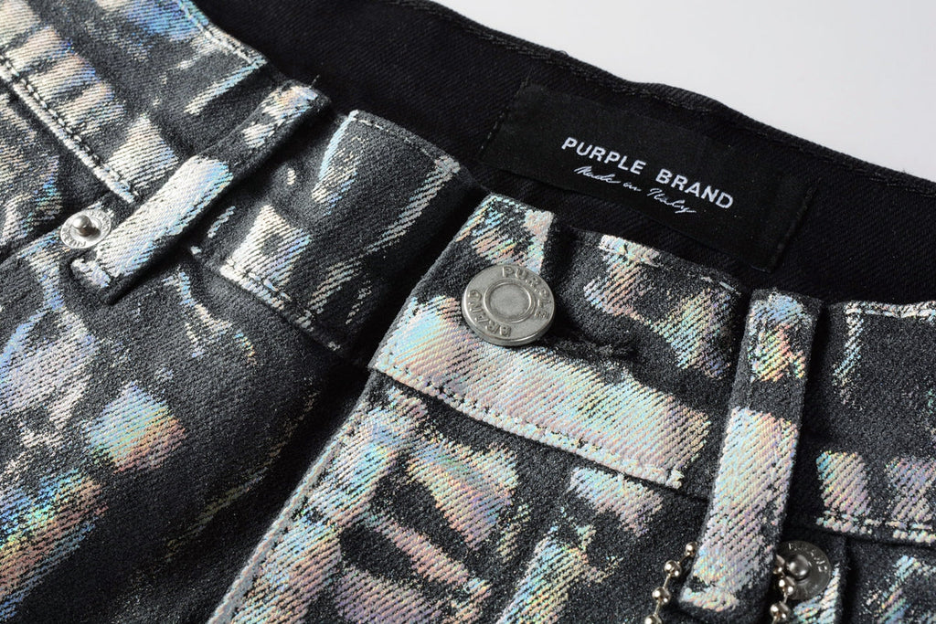 Men Streetwear Denim Shorts Black Wash with Holographic Reflective Finish and Raw Hem 5028