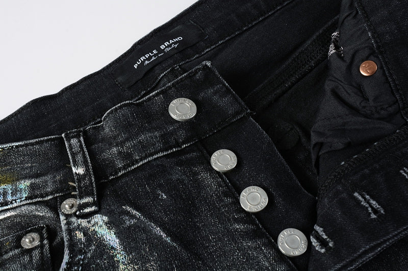 Men Streetwear Skinny Jeans Black Wash with Colorful Graffiti Paint Splash 9078