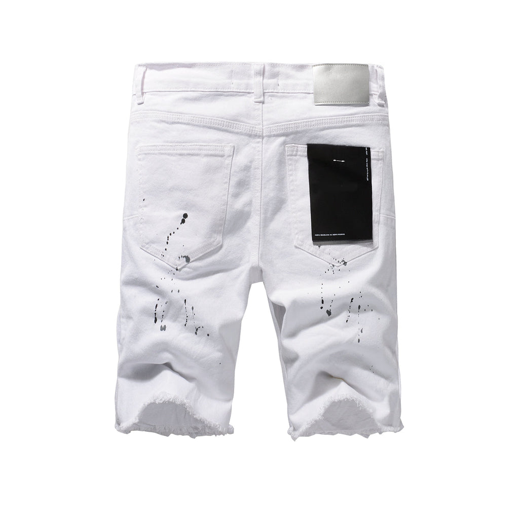Men Streetwear Denim Shorts White Wash with Black Paint Splatter Print and Raw Hem 5021