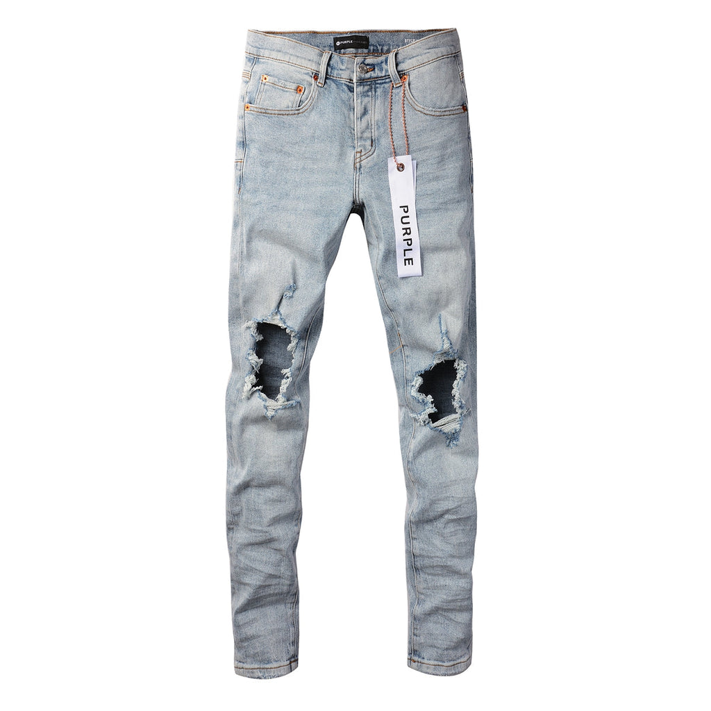 Men Streetwear Skinny Jeans Light Blue Wash with Knee Ripped Details and Black Lining 9010
