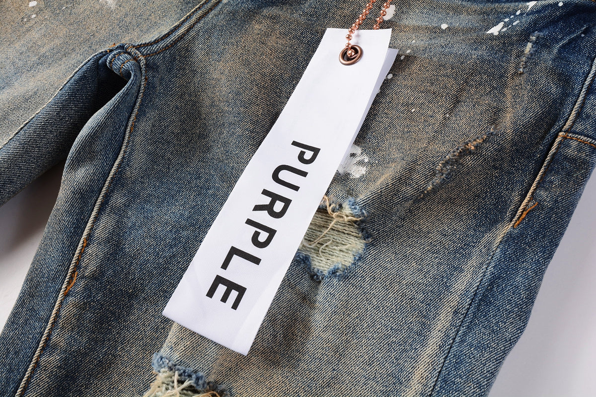 Men Streetwear Skinny Jeans Light Blue Wash with Distressed Rips and White Paint Splatter 9012