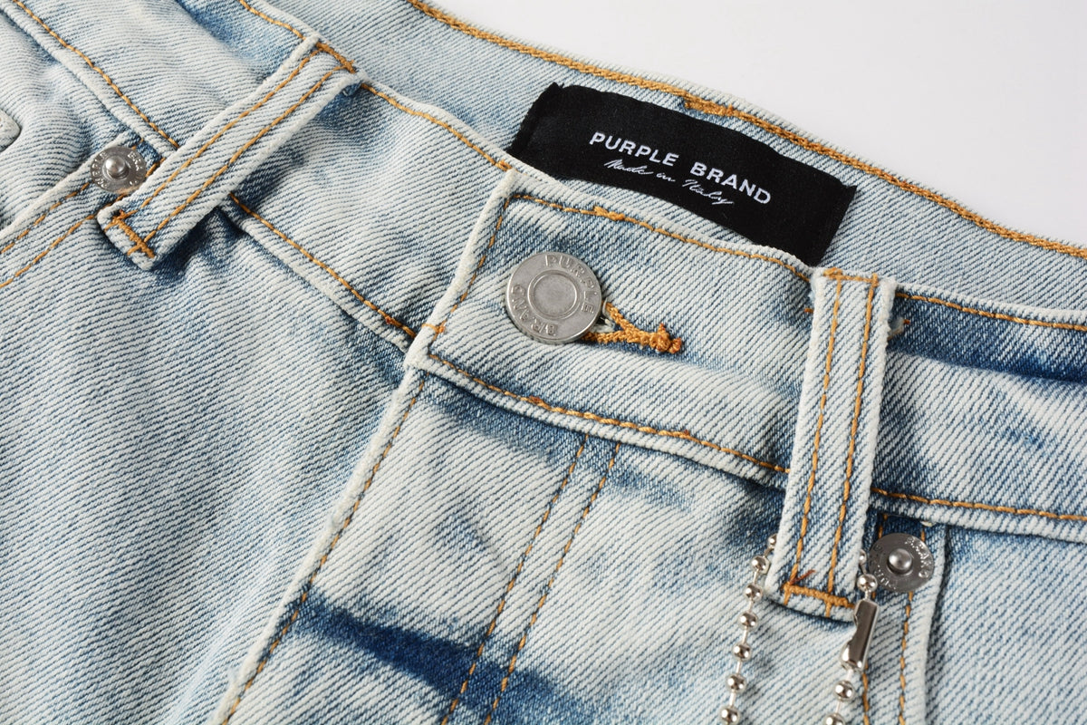 Men Streetwear Denim Shorts Light Blue Wash with White Paint Splatters and Distressed Raw Hem 5006