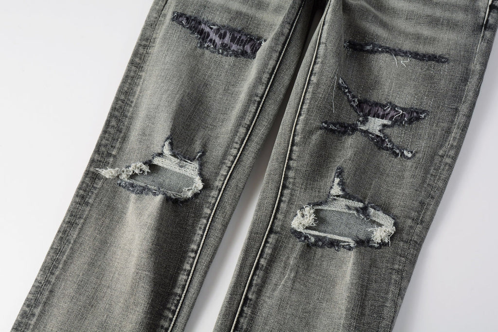 Men Classic Streetwear Jeans Distressed Black Grey Ripped skinny 9068