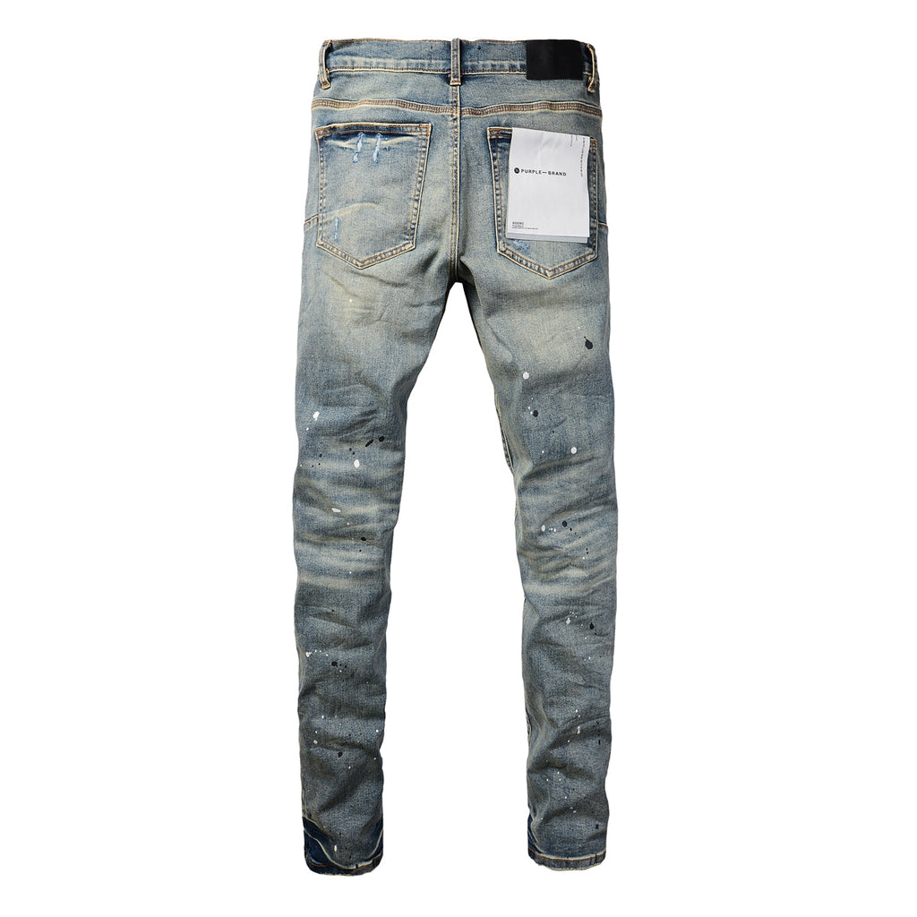 Men Streetwear Skinny Jeans Light Blue Wash with Blue Patched Rips and White Paint Splatter 9050-1