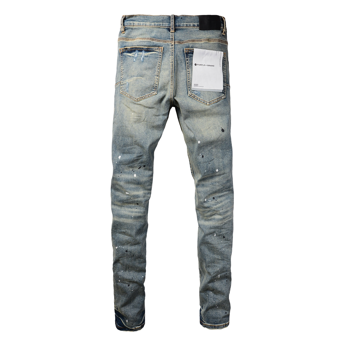 Men Streetwear Skinny Jeans Light Blue Wash with Blue Patched Rips and White Paint Splatter 9050-1