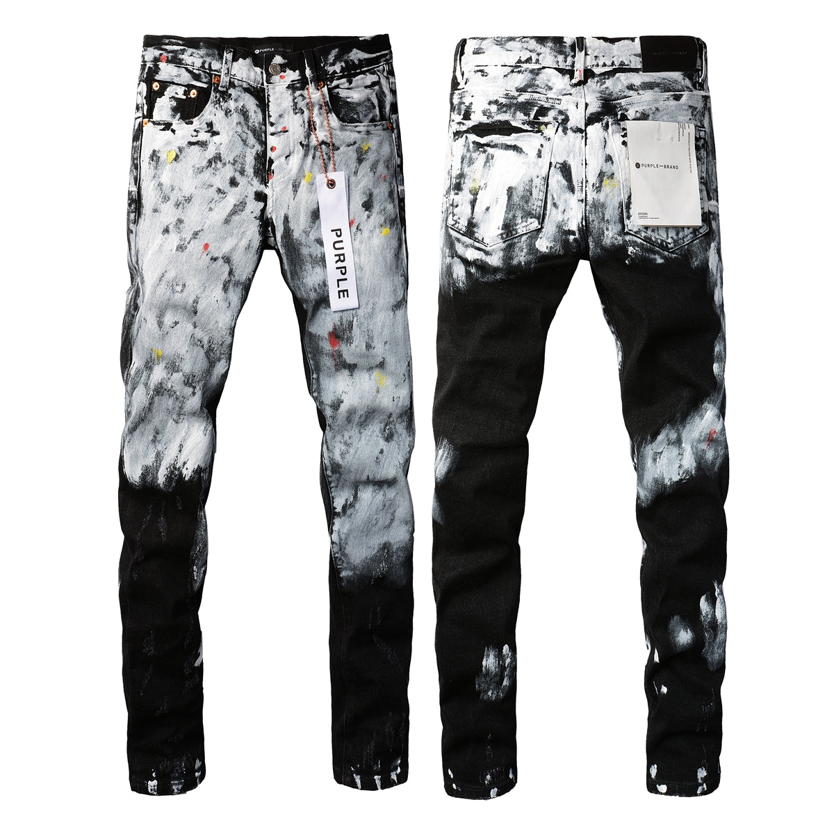 Men Streetwear Skinny Jeans Black and White Graffiti Wash with Multi - Color Paint Accents 9020