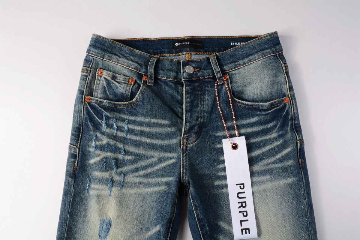 Men Streetwear Skinny Jeans Light Blue Wash with Vintage Faded Wash and Subtle Distress 9055