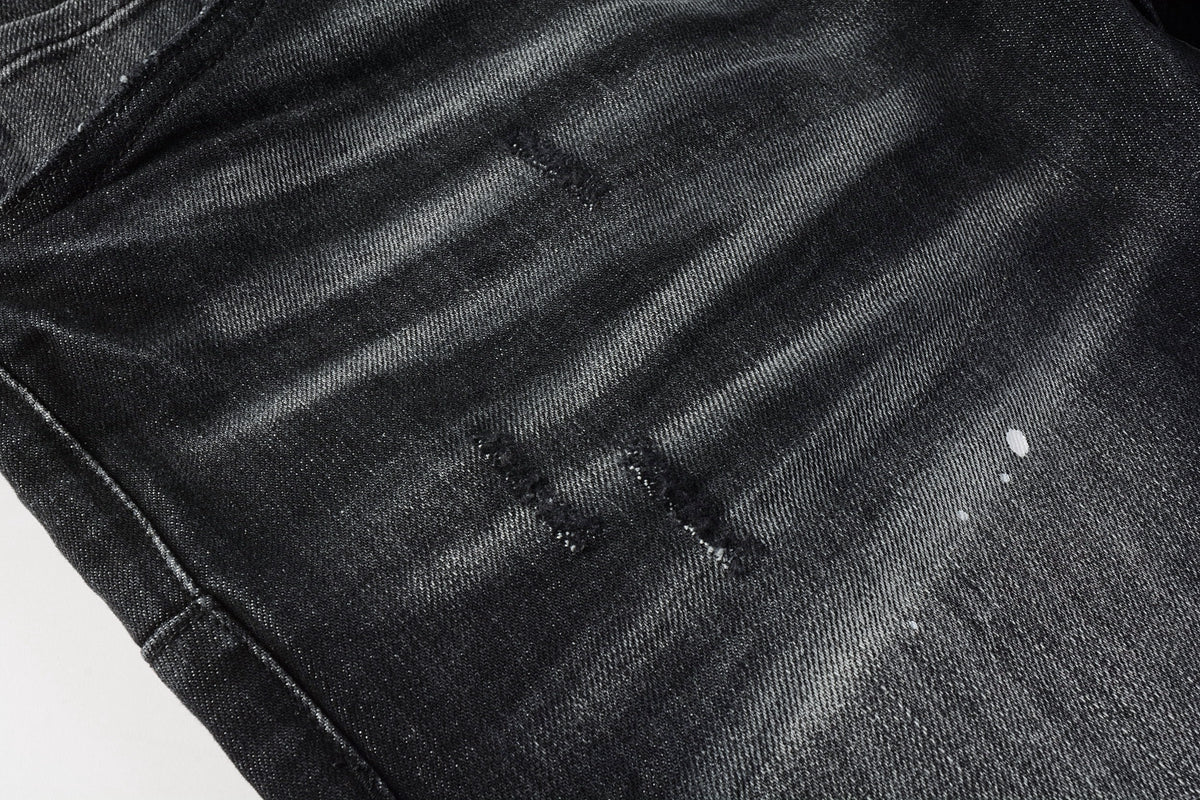 Men Streetwear Skinny Jeans Black - Gray Fade Wash with White Paint Specks 9027