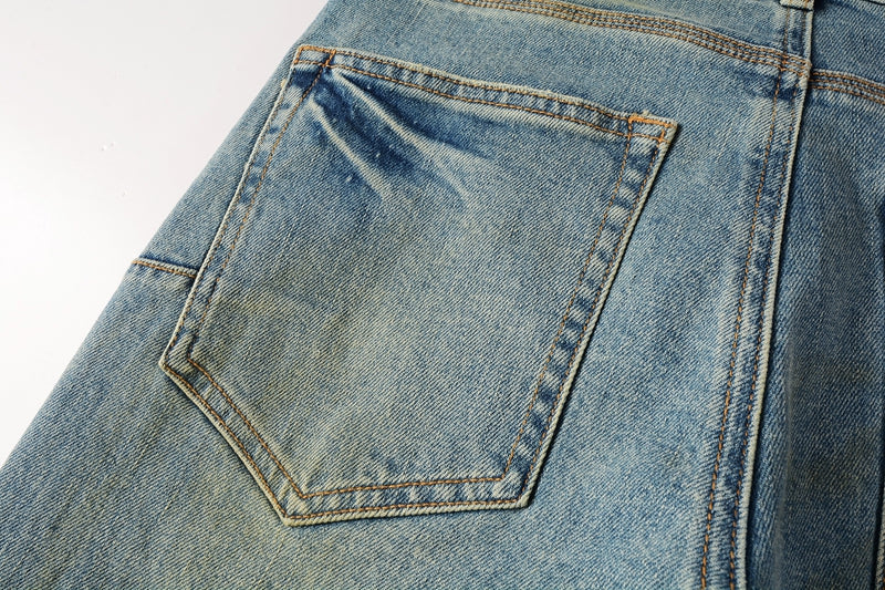 Men Streetwear Skinny Jeans Light Blue Wash with Distressed Ripped Knee Details 9076
