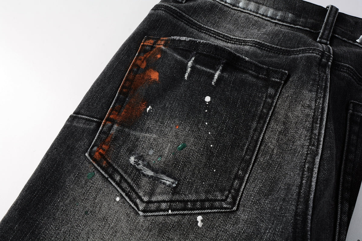 Men Streetwear Skinny Jeans Dark Gray Wash with Distressed Rips and Multi-Color Paint Splatter 9018