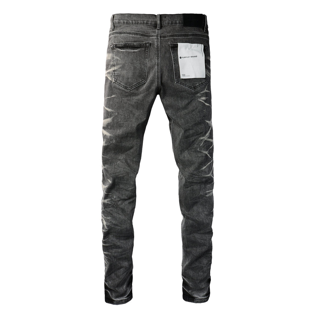 Men Streetwear Skinny Jeans Dark Gray Wash with White Marbled Texture 9056