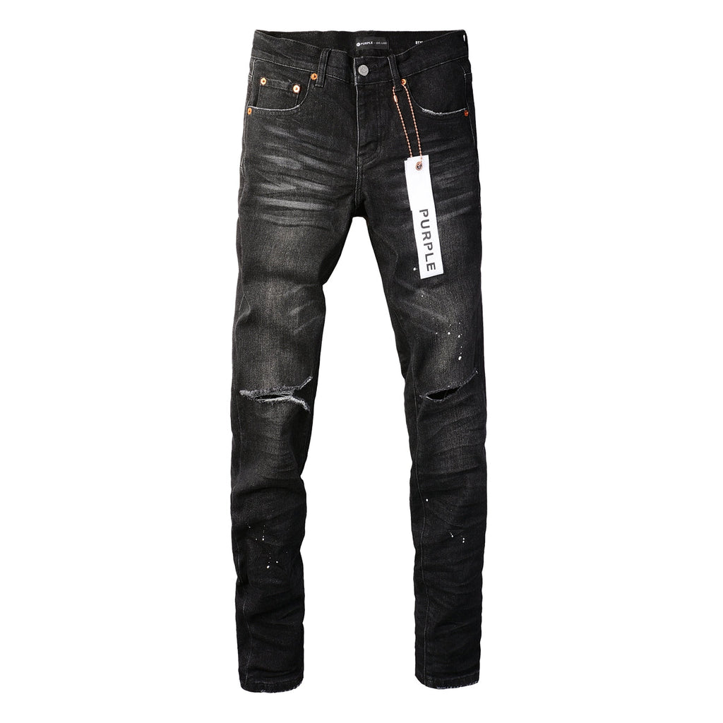 Men Streetwear Skinny Jeans Black Wash with Knee Rips and White Paint Specks 9035