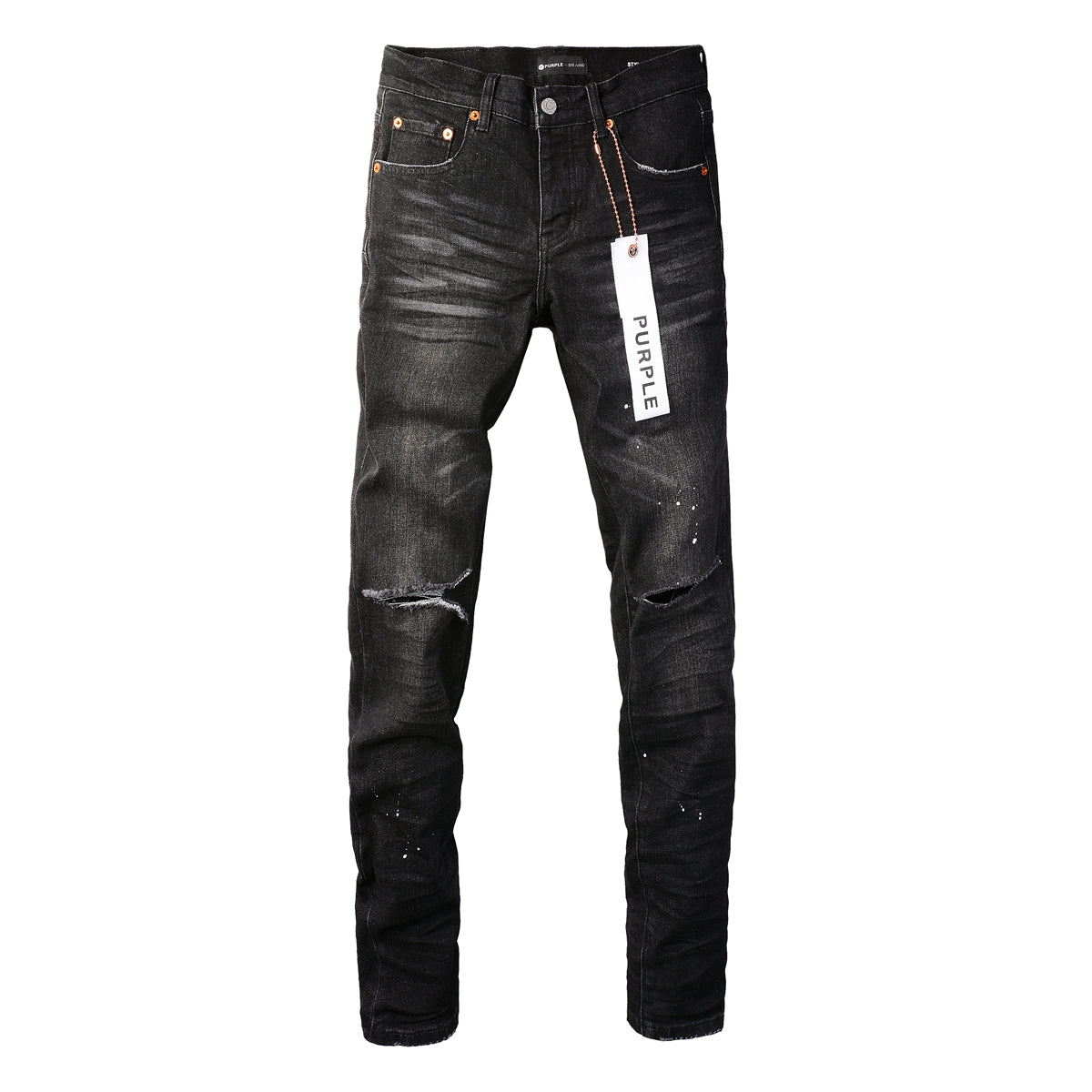 Men Streetwear Skinny Jeans Black Wash with Knee Rips and White Paint Specks 9035