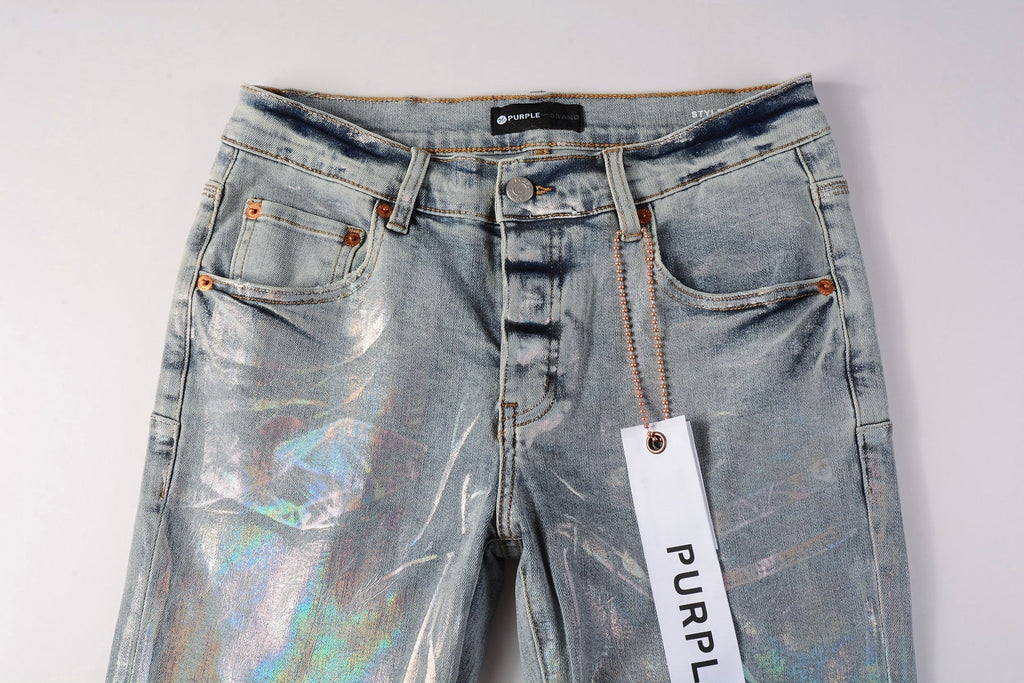 Men Streetwear Skinny Jeans Light Blue Wash with Holographic Iridescent Finish 9005