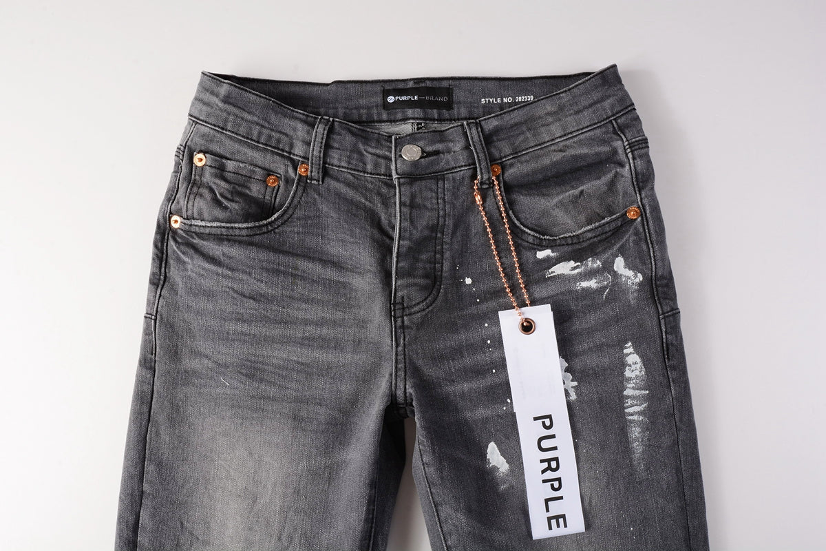 Men Streetwear Skinny Jeans Dark Gray Wash with Knee Rips and White Paint Splatter 9039