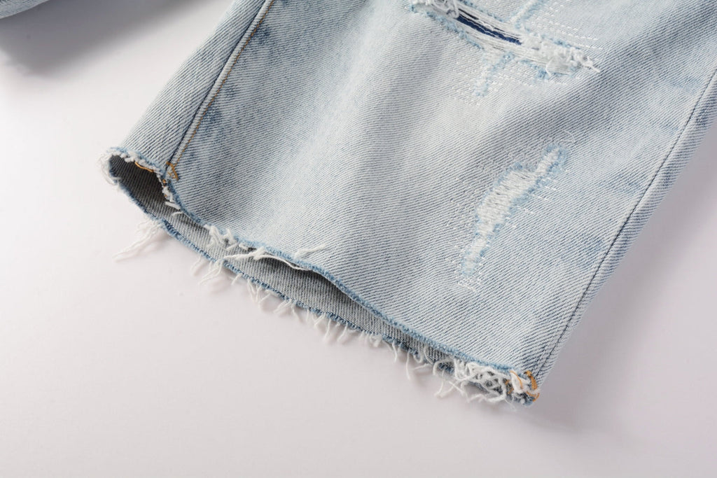 Men Streetwear Denim Shorts Light Blue Wash with Distressed Rips and Raw Hem 5088