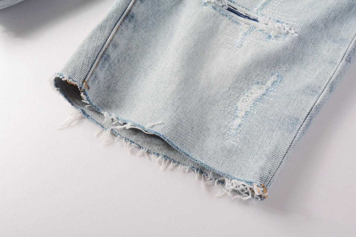 Men Streetwear Denim Shorts Light Blue Wash with Distressed Rips and Raw Hem 5088