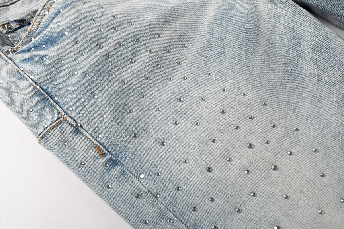 Men Streetwear Skinny Jeans Light Blue with Rhinestone Studs and Distressed Details PU9119