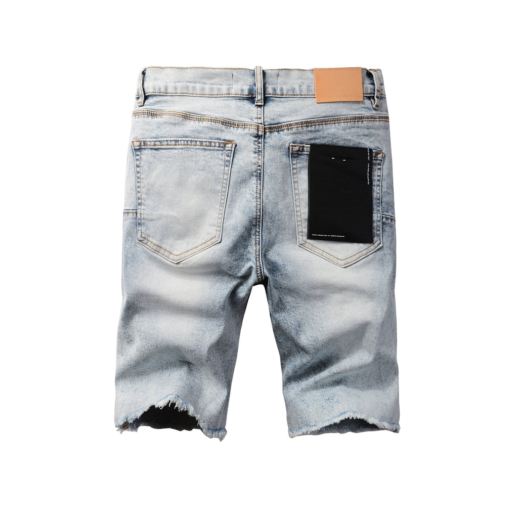 Men Streetwear Denim Shorts Light Blue Wash with Vintage Distressed Raw Hem 5053