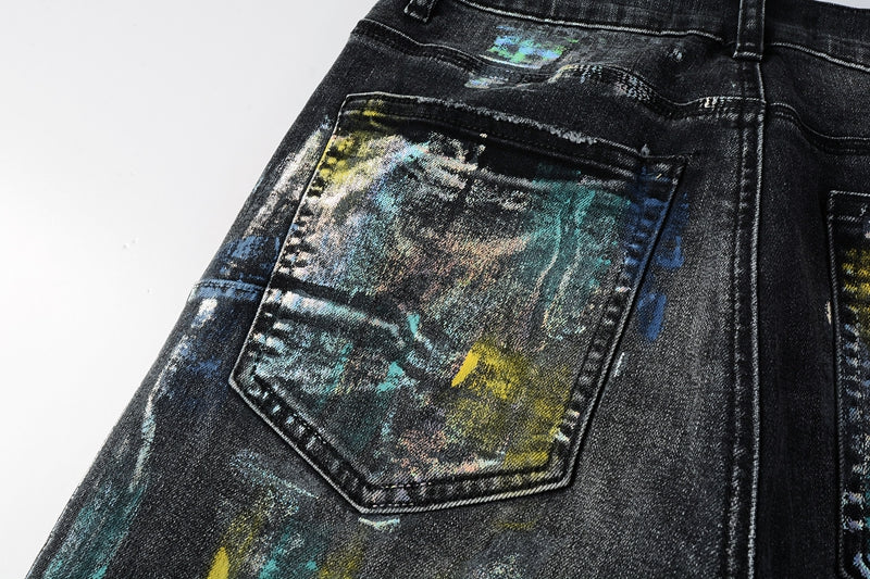 Men Streetwear Skinny Jeans Black Wash with Colorful Graffiti Paint Splash 9078