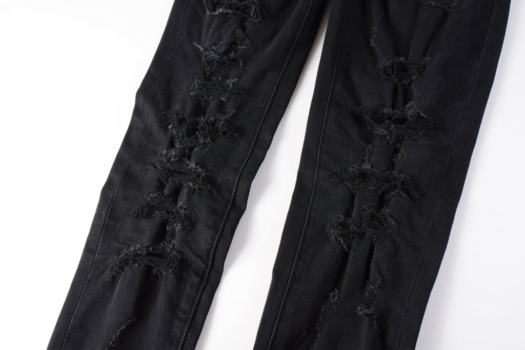 Men Distressed Black Skinny Jeans with Heavy Ripped Design and Grunge Streetwear Vibe 9108