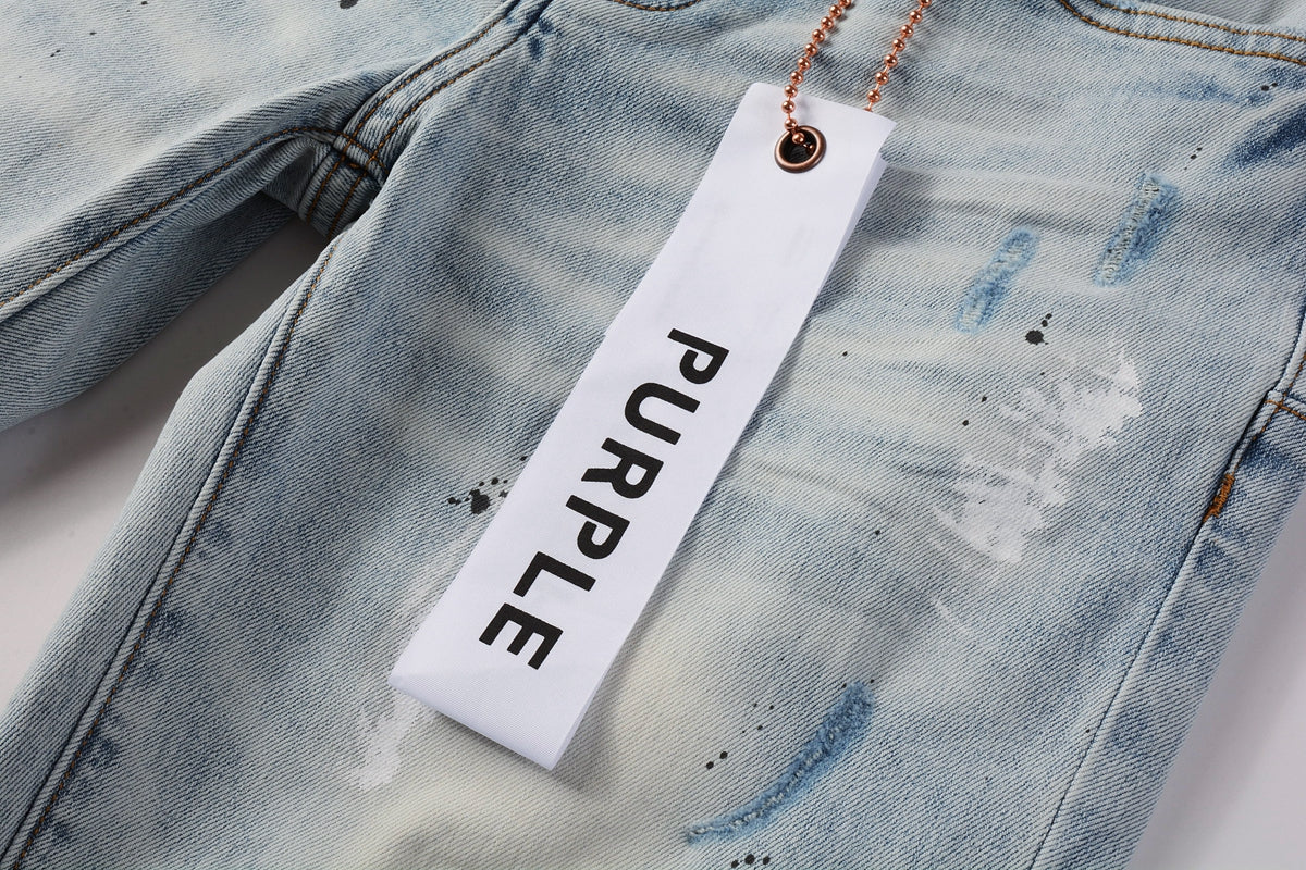 Men Streetwear Skinny Jeans Light Blue Wash with White Paint Splatter and Subtle Distress 9006