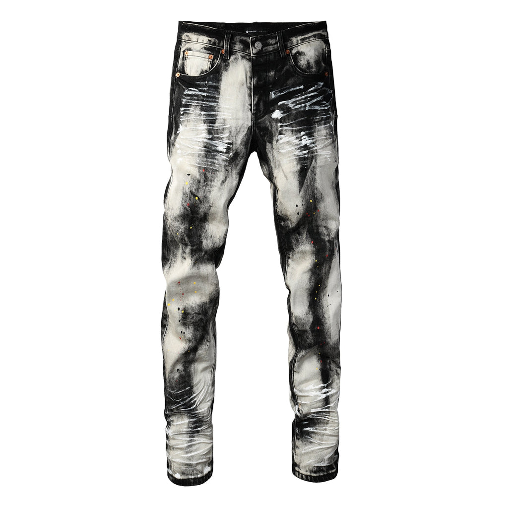 Men Streetwear Skinny Jeans Black and White Graffiti Wash with Multi Color Paint Splash 9111