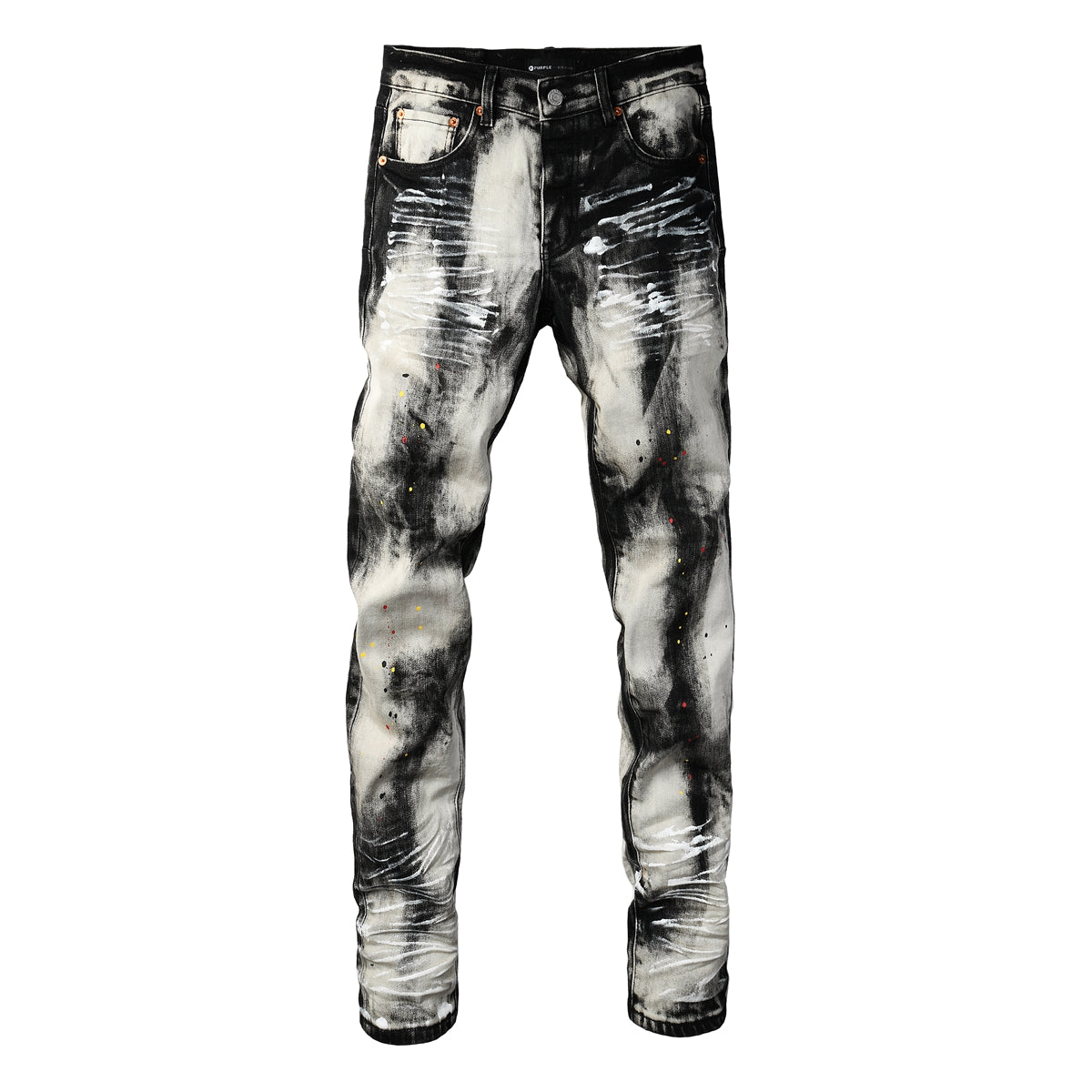 Men Streetwear Skinny Jeans Black and White Graffiti Wash with Multi Color Paint Splash 9111