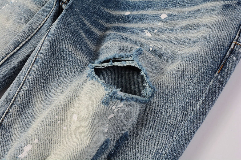 Men Streetwear Skinny Jeans Light Blue Wash with Heavy Distressed Rips and White Paint Splatter 9003