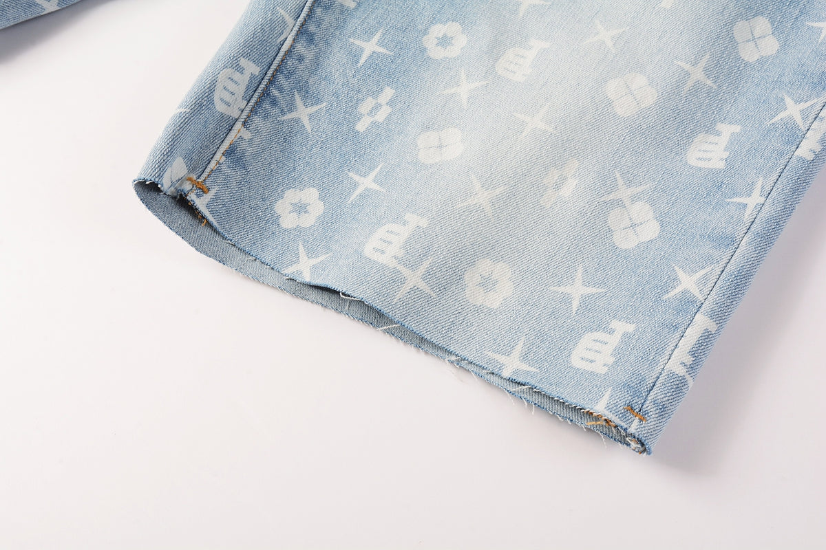 Men Streetwear Denim Shorts Light Blue Wash with White Geometric Print and Raw Hem 5089