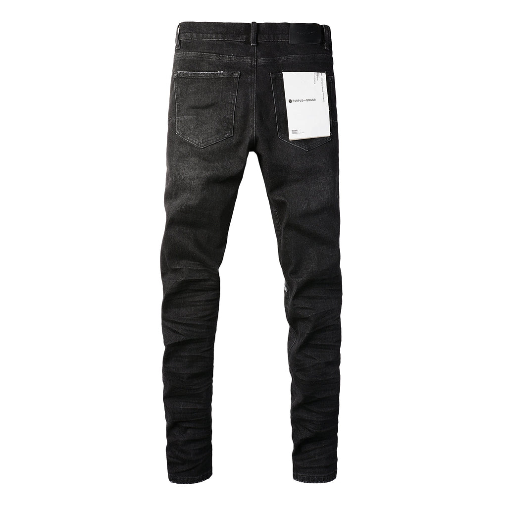 Men Streetwear Skinny Jeans Black Wash with Knee Rips and White Paint Specks 9035