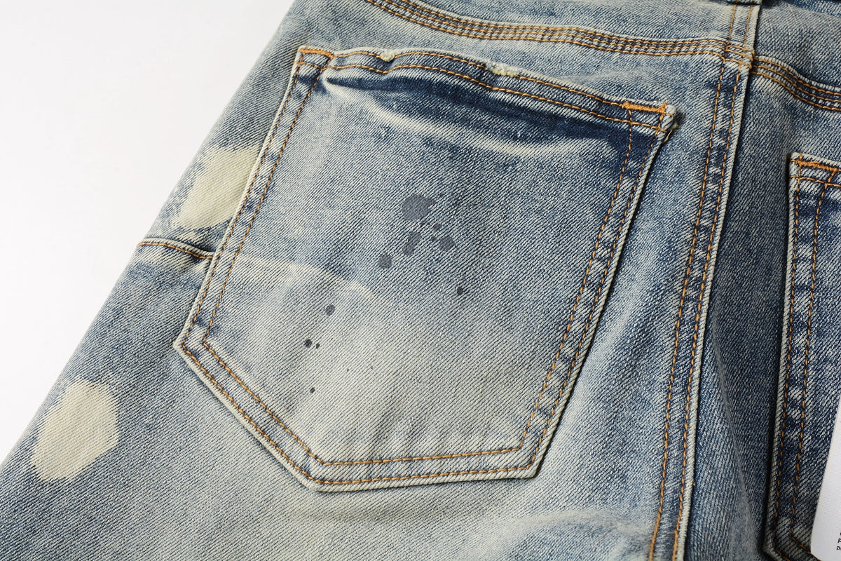 Men Streetwear Jeans Distressed Light Blue Paint Dot Ripped skinny 9092