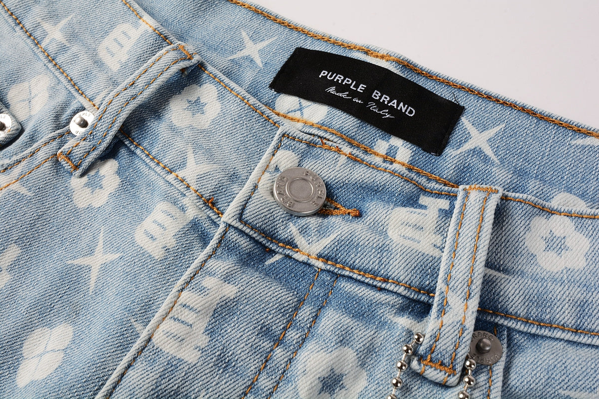 Men Streetwear Denim Shorts Light Blue Wash with White Geometric Print and Raw Hem 5089