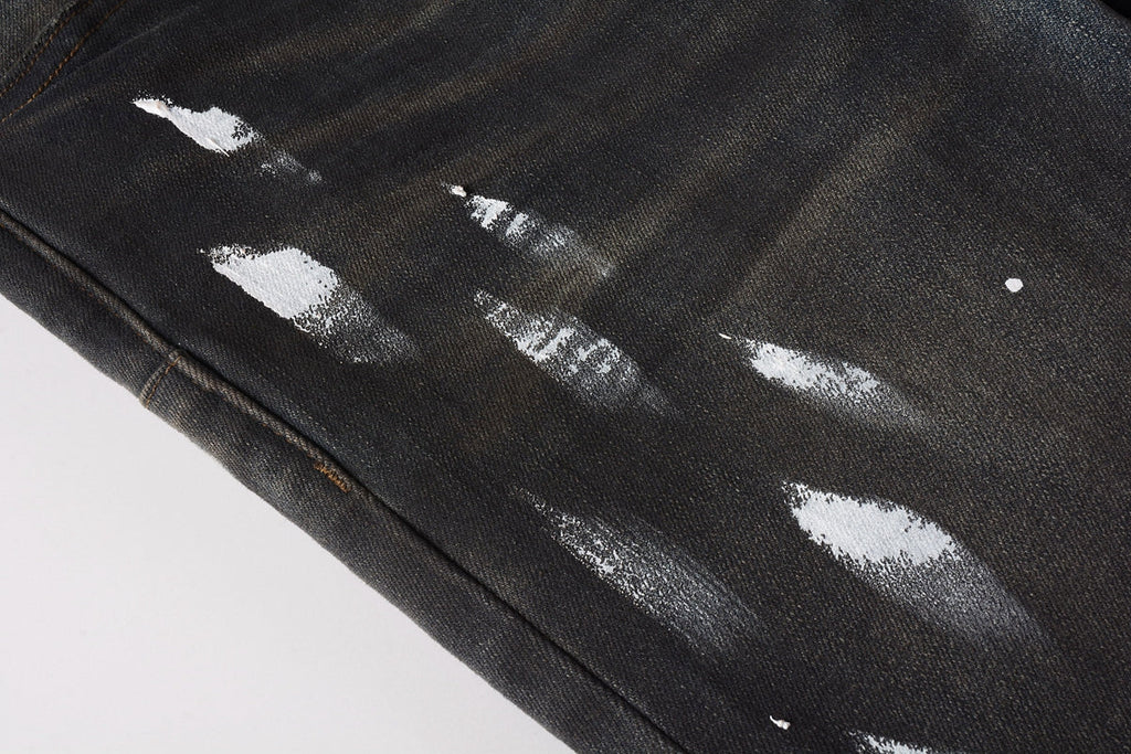 Men Streetwear Skinny Jeans Dark Gray Wash with White Paint Splatter and Brush Strokes 9036