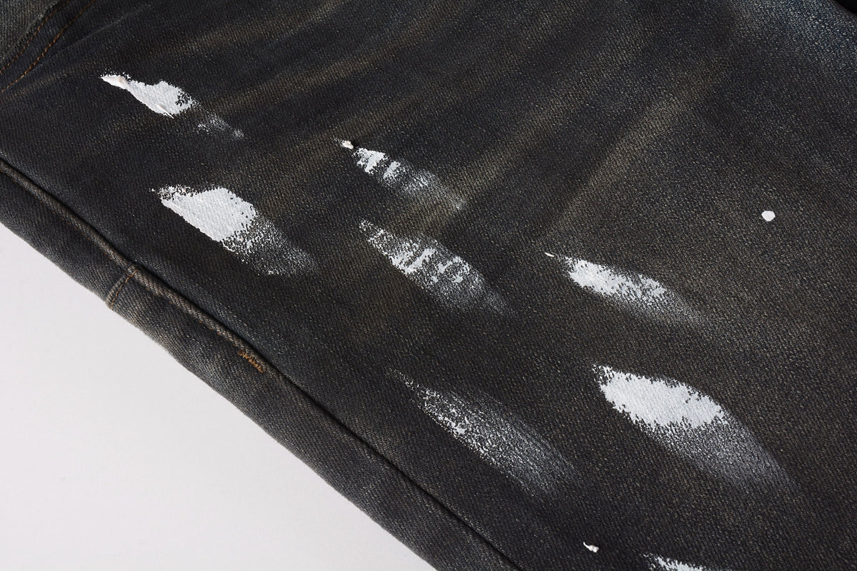 Men Streetwear Skinny Jeans Dark Gray Wash with White Paint Splatter and Brush Strokes 9036