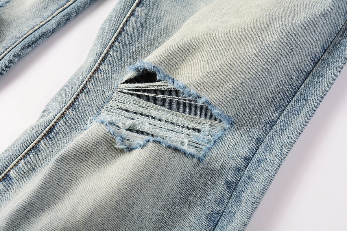 Men Streetwear Skinny Jeans Light Blue Wash with Subtle White Pattern Wash 9013