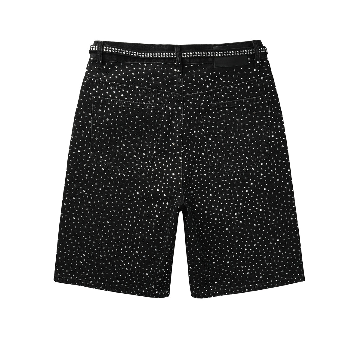Men Streetwear Black Denim Shorts with Allover Rhinestone Studs and Zipper Details 5095