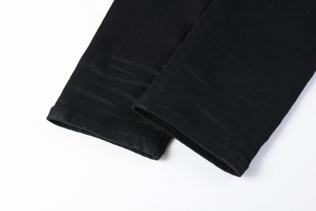 Men Streetwear Skinny Jeans Black Wash with Distressed Rip Details 9022