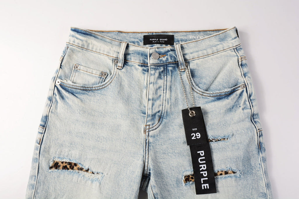 Men Streetwear Denim Shorts Light Blue Wash with Leopard Print Patched Rips 5087