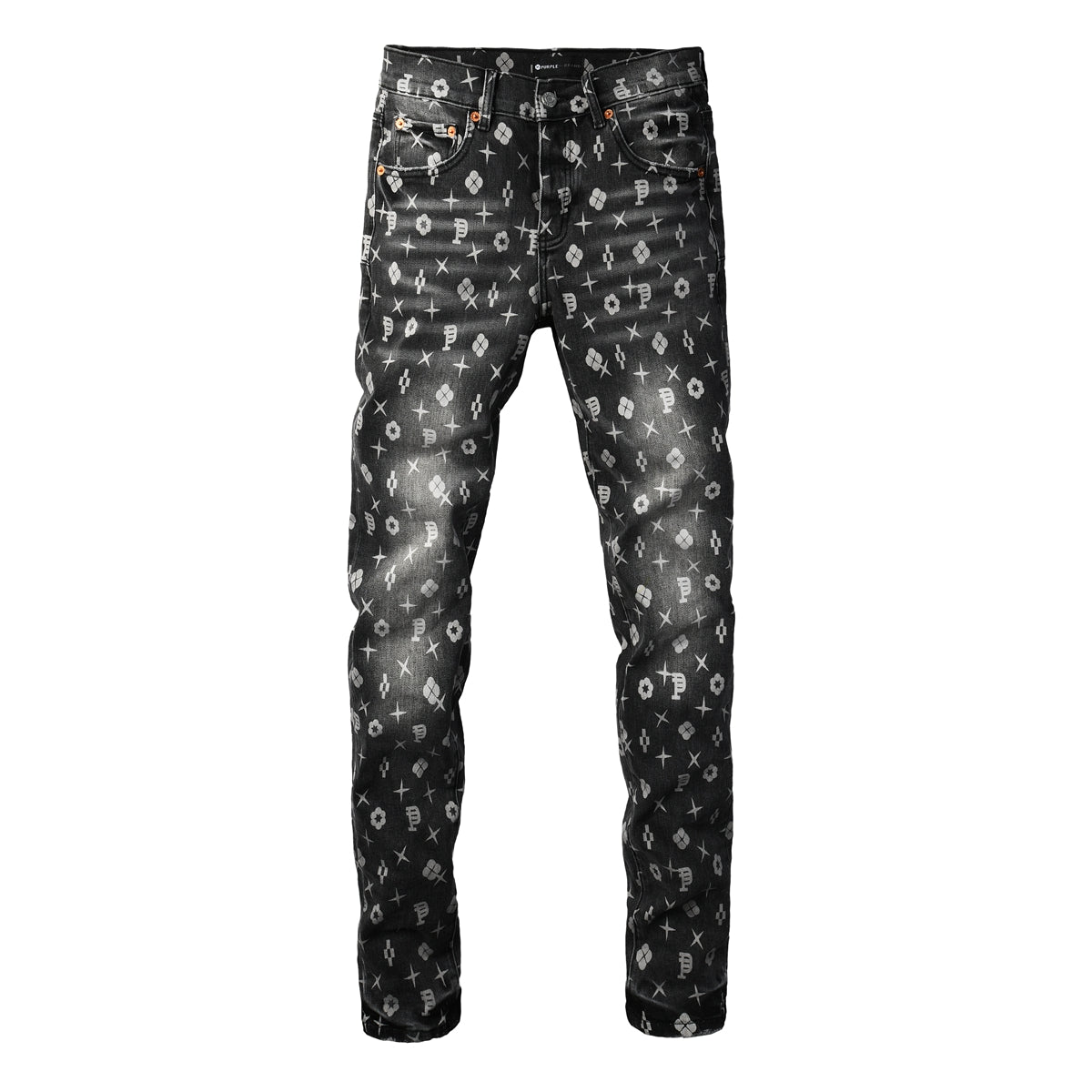 Men Classic Street Skinny Jeans Dark Grey Monogram Print All Over Distressed Style 9112