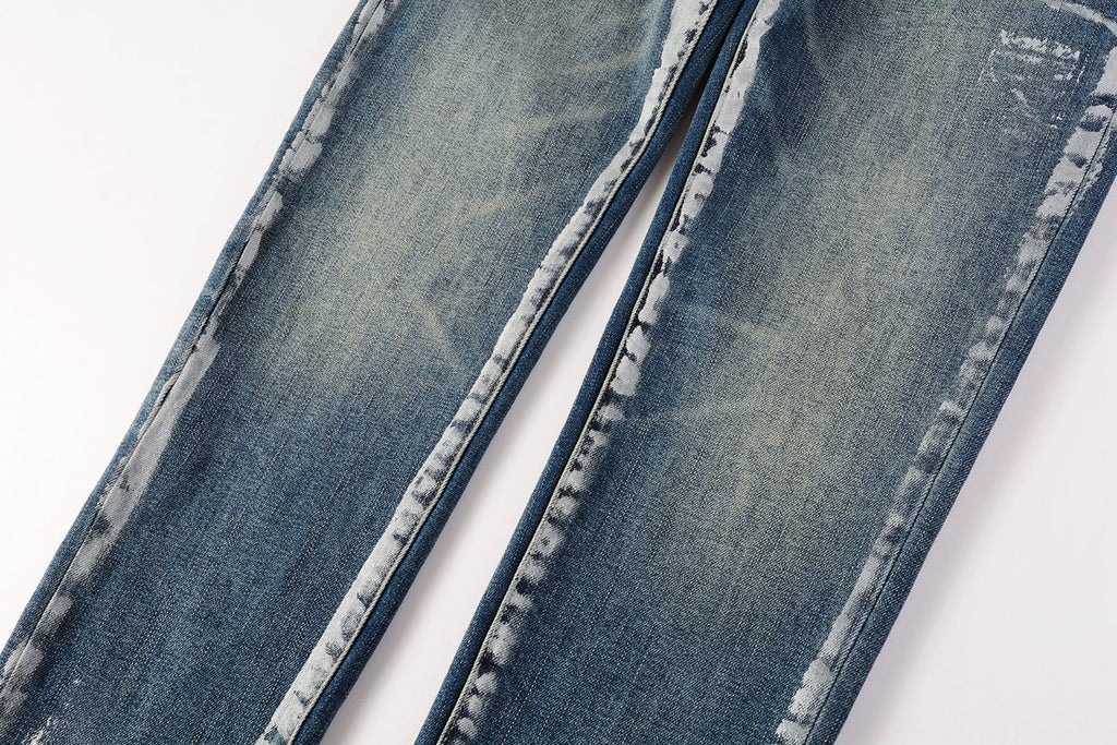 Men Streetwear Skinny Jeans Dark Blue Wash with White Brushstroke Distress 9040