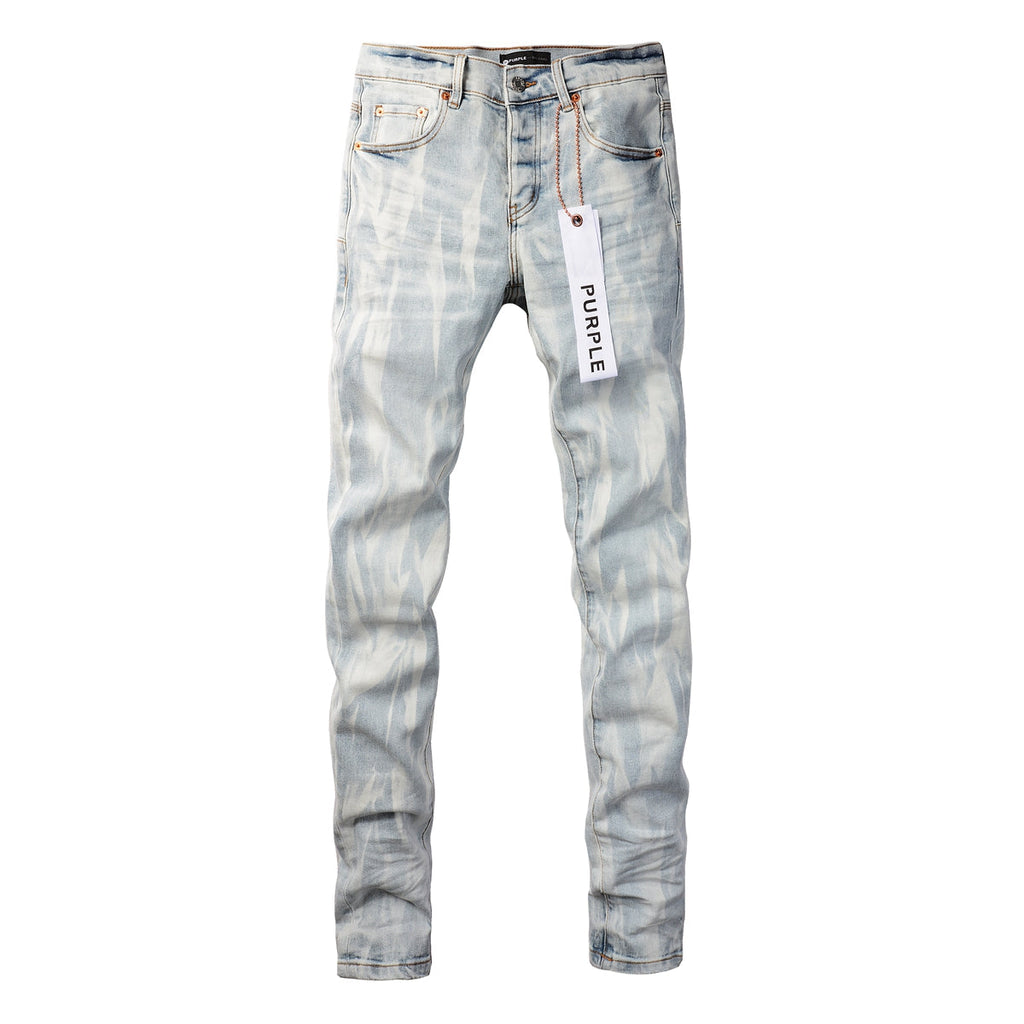 Men Streetwear Skinny Jeans Light Blue Wash with White Brushstroke Texture 7017
