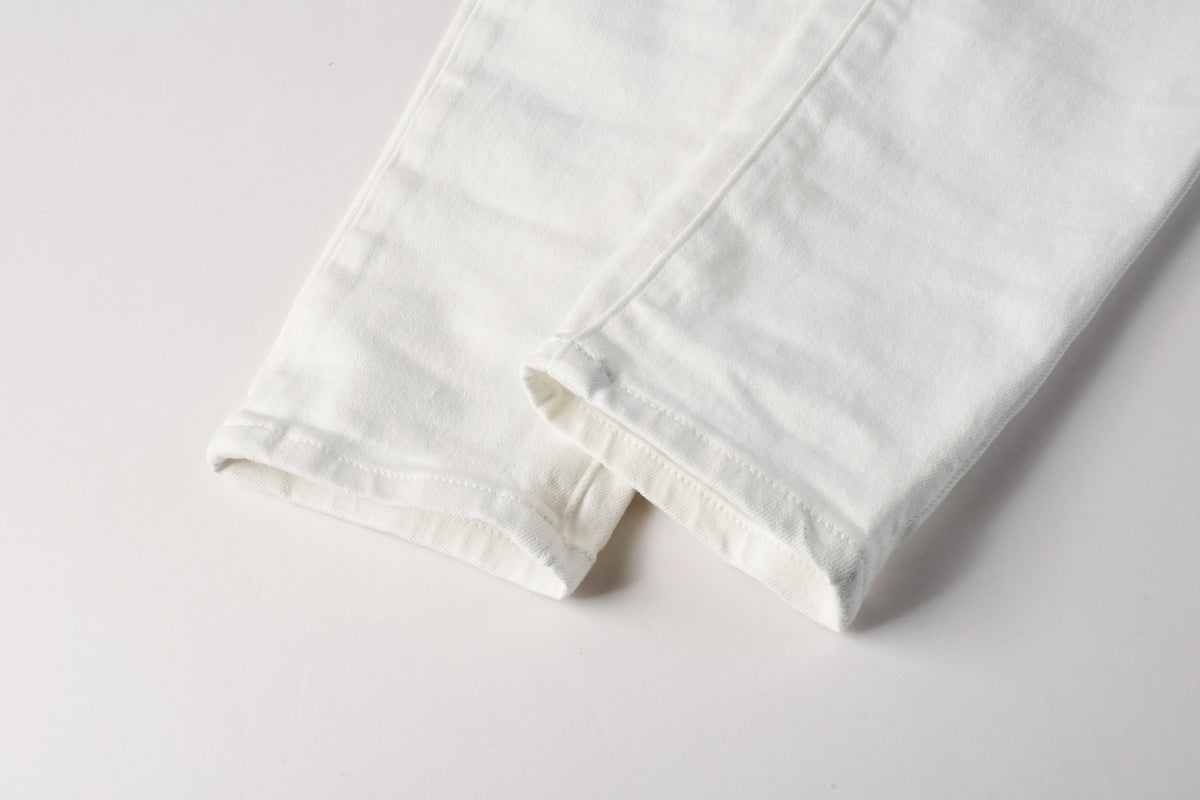 Men Designer Streetwear Skinny Jeans Solid White with 3D Embossed Monogram Pattern 9113